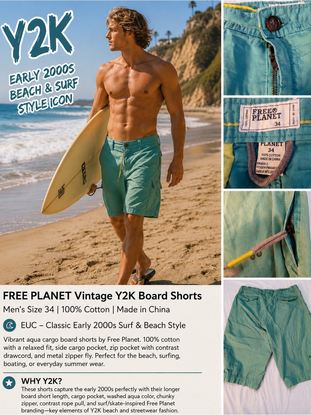 Free Planet Teal Green Cargo Board Shorts with Yellow Drawstring Y2K